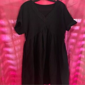 Short Rolled Sleeve V-Neck Black Dress Medium Embroidered Neck Detail